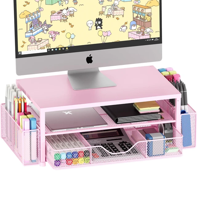 Alt view image 7 of 12 - Desk Organizer and Accessories, 2-Tier Computer Monitor Stand Riser with Drawer and 2 Pen Holders, Laptop Stand, Office Desk Accessories for Office Supplies, Pink