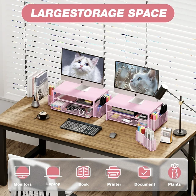 Alt view image 10 of 12 - Desk Organizer and Accessories, 2-Tier Computer Monitor Stand Riser with Drawer and 2 Pen Holders, Laptop Stand, Office Desk Accessories for Office Supplies, Pink