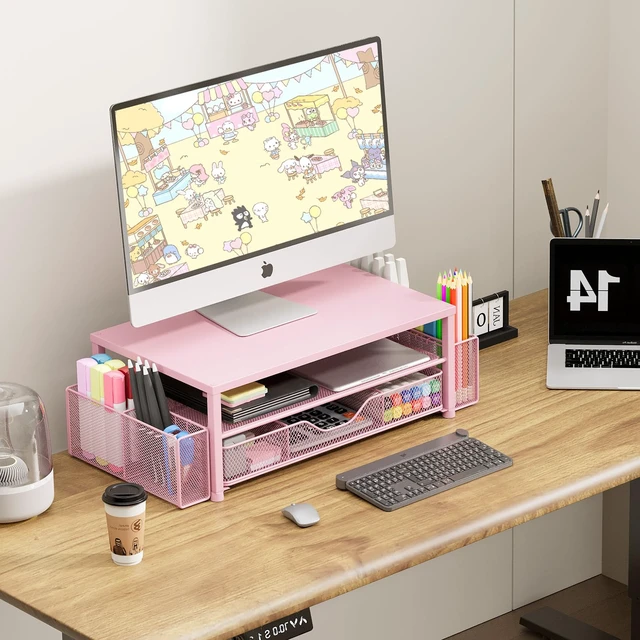 Alt view image 11 of 12 - Desk Organizer and Accessories, 2-Tier Computer Monitor Stand Riser with Drawer and 2 Pen Holders, Laptop Stand, Office Desk Accessories for Office Supplies, Pink