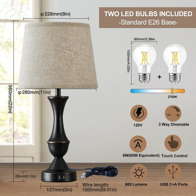 Alt view image 9 of 14 - Upgraded Touch Table Lamps Set of 2, 22" Tall Bedside Lamps | USB C+A Ports, Dimmable Nightstand Lamps for Bedroom, Living Room, Office, Black Lamp with Beige Lampshade, Bulb Included