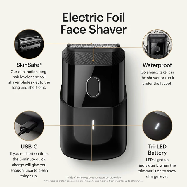 Alt view image 9 of 14 - The Handyman Compact Face Shaver Portable Mens Groomer | Facial Hair Shaver, USB-C Rechargeable Razor, Electric Foil, Waterproof, Cordless, Dual-Action SkinSafe® Foil Blade