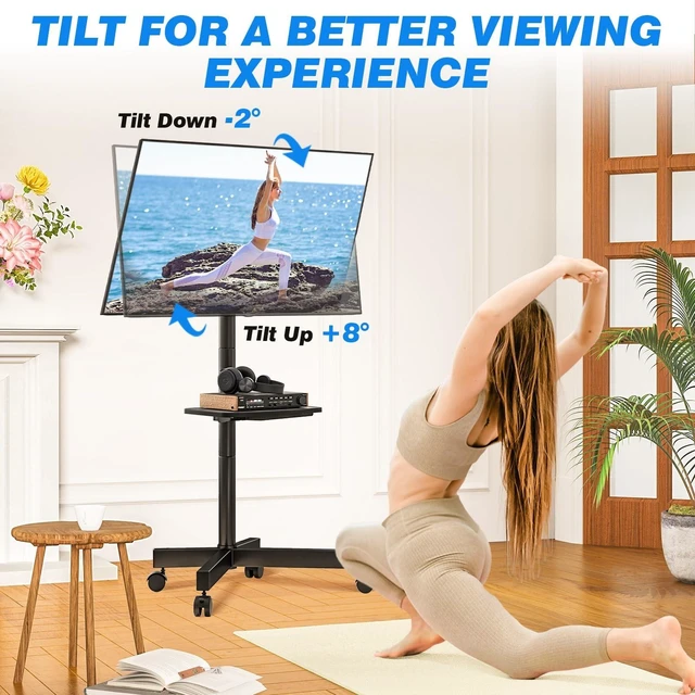 Alt view image 11 of 14 - Mobile TV Stand for 23-65 Inch Flat/Curved TVs up to 88 lbs Black | Rolling TV Stand with Adjustable Shelf & Tilt, Portable Floor Stand on Wheels for Bedroom, Living Room, Max VESA 400x400mm