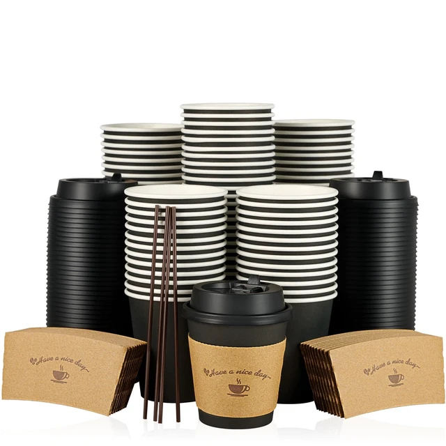 Alt view image 8 of 14 - 100 Pack 10 oz Paper Coffee Cups for Hot Chocolate Drinks, Black Disposable Coffee Cups with Lids, Sleeves and Stirring Sticks for Parties, Picnic, Travel, and Events