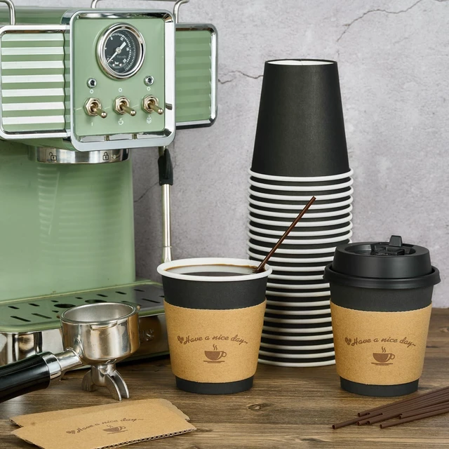 Alt view image 12 of 14 - 100 Pack 10 oz Paper Coffee Cups for Hot Chocolate Drinks, Black Disposable Coffee Cups with Lids, Sleeves and Stirring Sticks for Parties, Picnic, Travel, and Events
