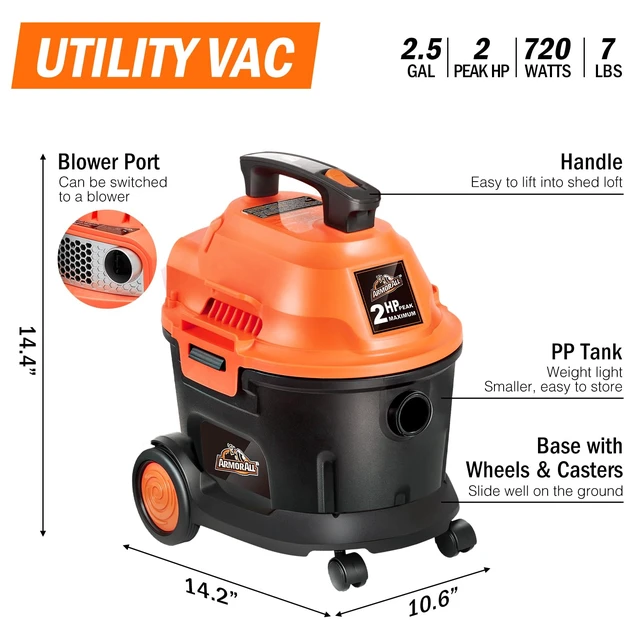 Alt view image 9 of 12 - AA255W 2.5 Gal 2 Peak HP Wet/Dry Utility Vac Orange/Black