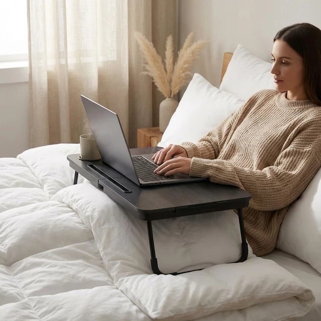 Alt view image 12 of 14 - 23.4" Foldable Lap Desk Bed Table with Cup Holder Tray Black | Portable Folds Flat for Easy Storage, No Assembly Laptop Bed Desk, Sturdy and Lightweight, Patent Design
