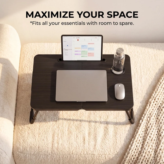 Alt view image 10 of 14 - 23.4" Foldable Lap Desk Bed Table with Cup Holder Tray Black | Portable Folds Flat for Easy Storage, No Assembly Laptop Bed Desk, Sturdy and Lightweight, Patent Design