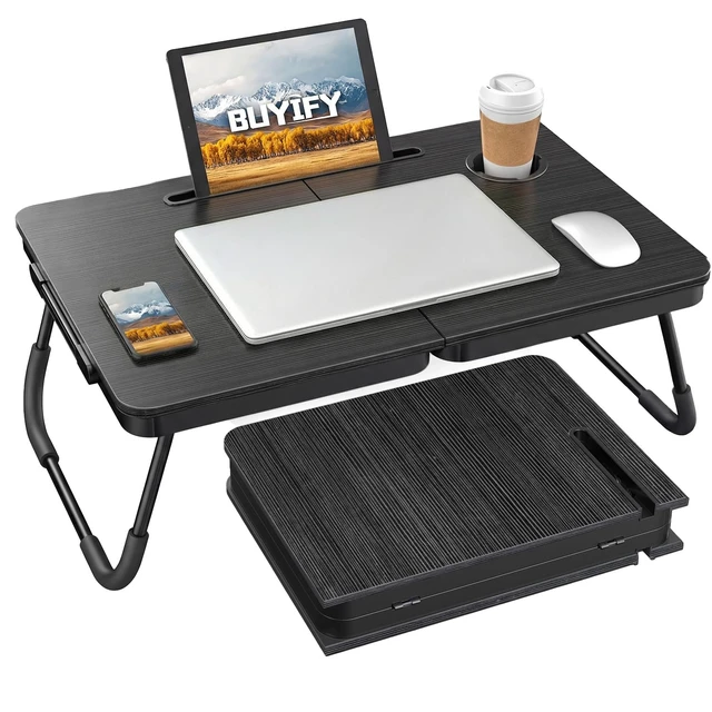 Alt view image 8 of 14 - 23.4" Foldable Lap Desk Bed Table with Cup Holder Tray Black | Portable Folds Flat for Easy Storage, No Assembly Laptop Bed Desk, Sturdy and Lightweight, Patent Design