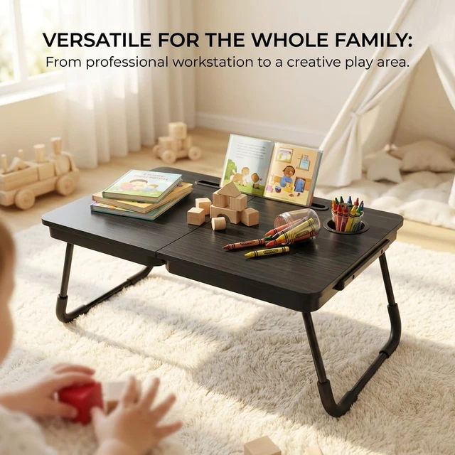 Alt view image 13 of 14 - 23.4" Foldable Lap Desk Bed Table with Cup Holder Tray Black | Portable Folds Flat for Easy Storage, No Assembly Laptop Bed Desk, Sturdy and Lightweight, Patent Design