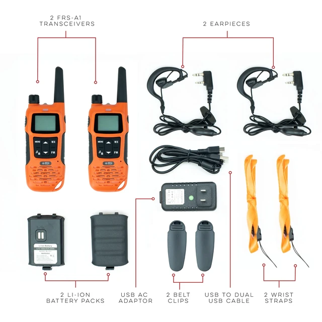 Alt view image 9 of 14 - FRS-A1 2-Pack Walkie Talkies for Adults, License-Free FRS Two-Way Radios with USB-C Charging, NOAA Weather, Dual Watch, Named Channels, Tone Scan, IP54 (Orange)