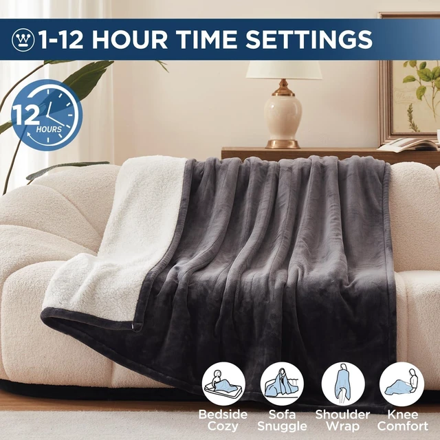 Alt view image 11 of 14 - Heated Blanket Twin, 62"x84", Charcoal, ETL Certified | 10 Heating Levels, 1-12 Hours Auto-off, Overheat Protection, Flannel to Sherpa, Machine Washable, Couch Bed Office Home