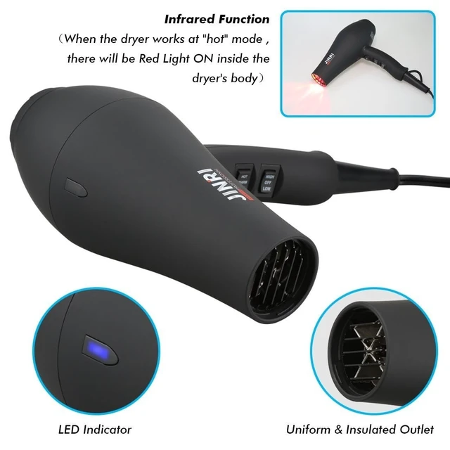 Alt view image 8 of 12 - Hair Dryer, 1875W, 3 Heat & 2 Speed, with Diffuser, with Concentrator, Ionic Technology & Infrared - Black, Detachable Air Intake, Hanging Strap, Non-Foldable, 125V, JRI-104DII