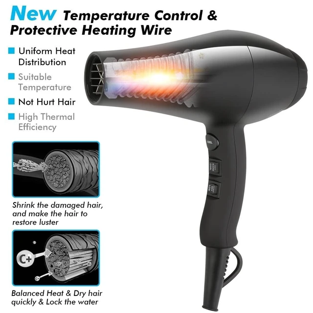 Alt view image 9 of 12 - Hair Dryer, 1875W, 3 Heat & 2 Speed, with Diffuser, with Concentrator, Ionic Technology & Infrared - Black, Detachable Air Intake, Hanging Strap, Non-Foldable, 125V, JRI-104DII