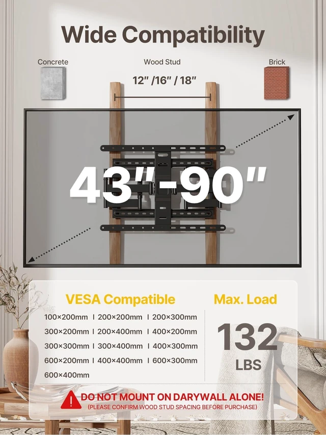 Alt view image 9 of 14 - 1.1-Inch Ultra Slim Full Motion TV Wall Mount for 43-90 Inch TVs | Low-profile mount holds 132 lb at full 16.5 in extension; ±60° swivel, preassembled, max VESA 600x400 mm, 16/18 in wood studs