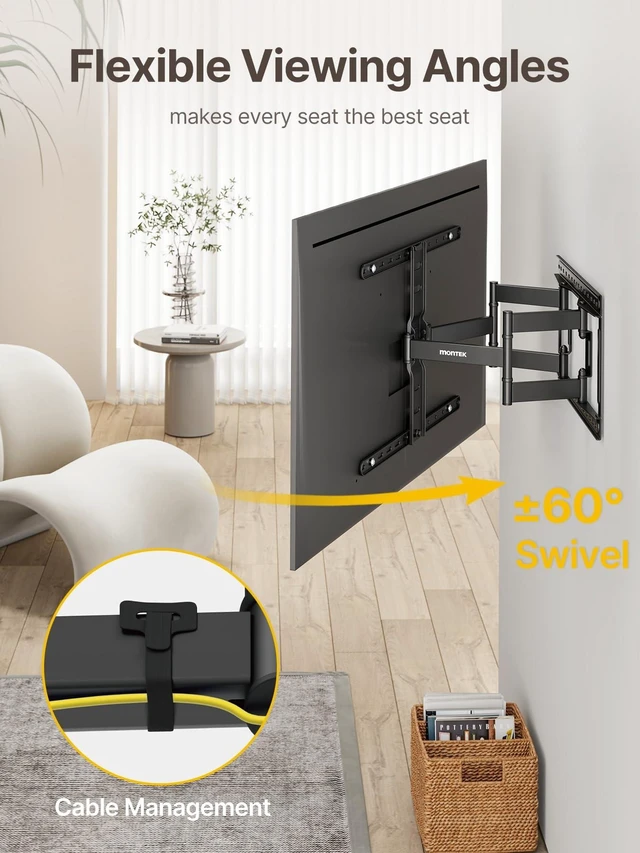 Alt view image 13 of 14 - 1.1-Inch Ultra Slim Full Motion TV Wall Mount for 43-90 Inch TVs | Low-profile mount holds 132 lb at full 16.5 in extension; ±60° swivel, preassembled, max VESA 600x400 mm, 16/18 in wood studs
