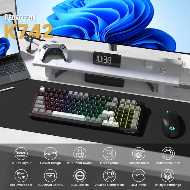 Alt view image 9 of 14 - K742 Wireless Mechanical Gaming Keyboard with Knob for PC Computer | Bluetooth 5.0/2.4GHz/USB C Wireless Creamy Keyboard with Number Pad, RGB Backlits, Hot-Swappable with Linear Switches (Black)
