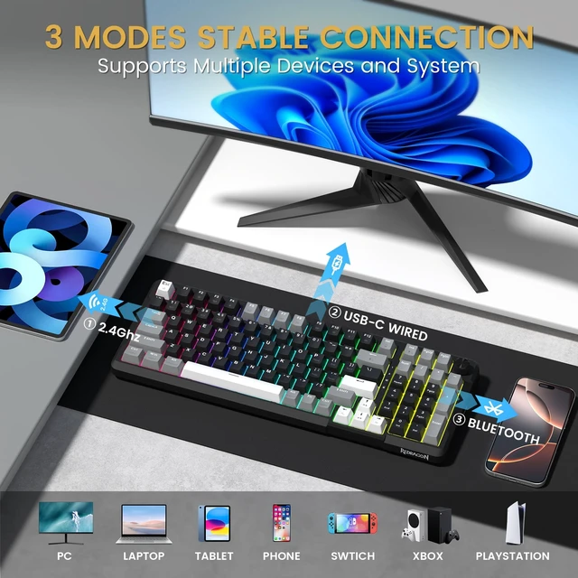 Alt view image 10 of 14 - K742 Wireless Mechanical Gaming Keyboard with Knob for PC Computer | Bluetooth 5.0/2.4GHz/USB C Wireless Creamy Keyboard with Number Pad, RGB Backlits, Hot-Swappable with Linear Switches (Black)