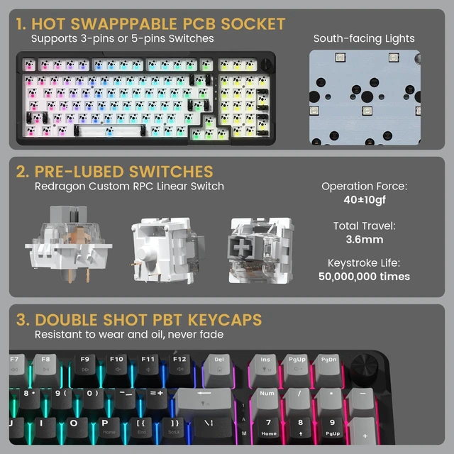 Alt view image 13 of 14 - K742 Wireless Mechanical Gaming Keyboard with Knob for PC Computer | Bluetooth 5.0/2.4GHz/USB C Wireless Creamy Keyboard with Number Pad, RGB Backlits, Hot-Swappable with Linear Switches (Black)