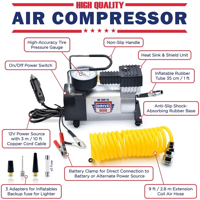 Alt view image 9 of 14 - Tire Inflator Portable Air Compressor 12V DC Air Pump for Car Tires, 150 PSI Electric Air Pump with Tyre Pressure Gauge Corded Yellow by WE LOVE TO DRIVE