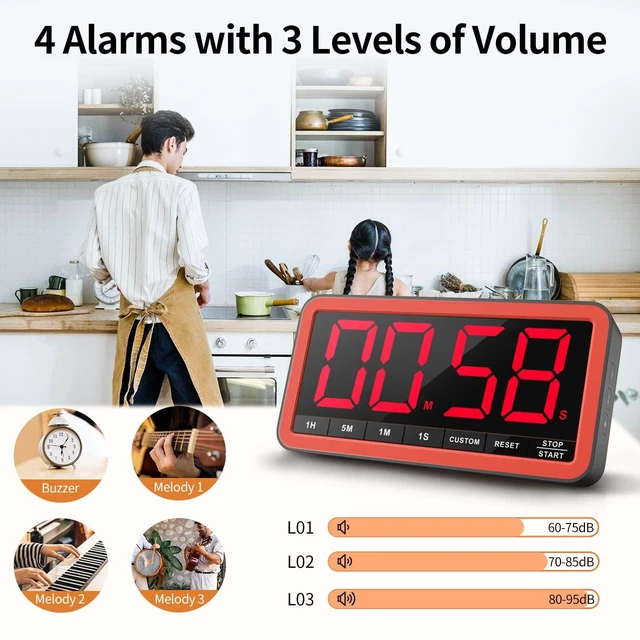 Alt view image 11 of 14 - Large 7.8" Digital Timer, Magnetic LED Timer for Kitchen & Classroom | USB-C Rechargeable, Up to 99 Hours Count Up & Countdown Timer with 3 Brightness Levels, 4 Alert Modes and 3 Volume Levels