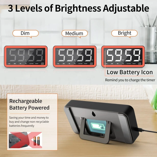 Alt view image 12 of 14 - Large 7.8" Digital Timer, Magnetic LED Timer for Kitchen & Classroom | USB-C Rechargeable, Up to 99 Hours Count Up & Countdown Timer with 3 Brightness Levels, 4 Alert Modes and 3 Volume Levels