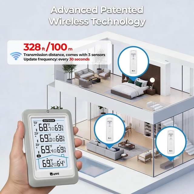 Alt view image 10 of 14 - Indoor Outdoor Thermometer Wireless 4.5 Inch Display Digital Hygrometer | Temperature Humidity Monitor with 330ft Range Sensor and Adjustable Backlight with 3 Sensors