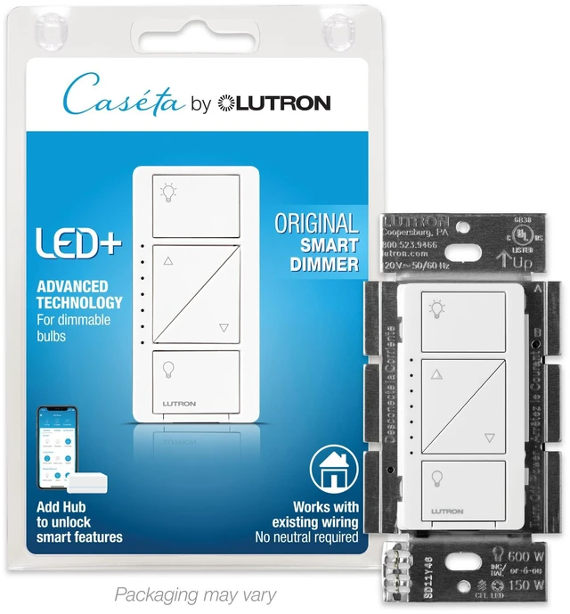 Alt view image 7 of 12 - Smart Dimmer Switch (Smart Hub Required), No Neutral Required | For Caseta Systems, for Dimmable LED Lights, 150 Watt, Single-Pole/3-Way, PD-6WCL-WH, White