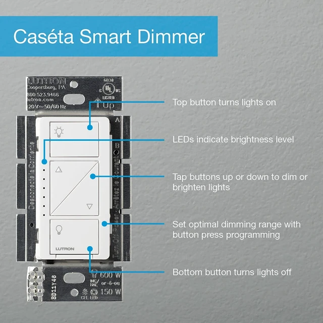Alt view image 11 of 12 - Smart Dimmer Switch (Smart Hub Required), No Neutral Required | For Caseta Systems, for Dimmable LED Lights, 150 Watt, Single-Pole/3-Way, PD-6WCL-WH, White