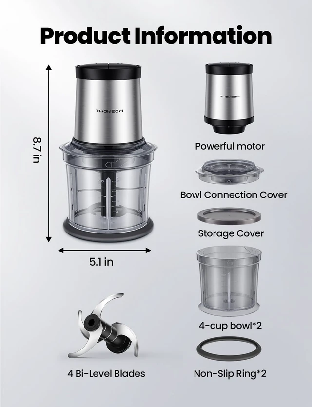 Alt view image 14 of 14 - Food Processor 4 Cup, Electric Food Chopper, Small but PowerfulMeat Grinder with 2 Bowls, 2 Speed & 4 Blades for Vegetable, Meat, Nuts, Functions for Chopping, Dicing, Mixing and Puree