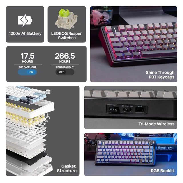 Alt view image 10 of 14 - x Aula F75 Gasket Mechanical Keyboard, 75% Wireless Hot Swappable Gaming Keyboard with Five-Layer Padding&Knob, BT/2.4GHz/USB-C, RGB (Black Gradient, LEOBOG Reaper Switch)
