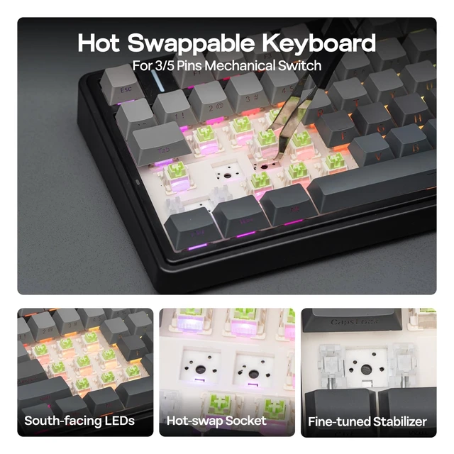 Alt view image 12 of 14 - x Aula F75 Gasket Mechanical Keyboard, 75% Wireless Hot Swappable Gaming Keyboard with Five-Layer Padding&Knob, BT/2.4GHz/USB-C, RGB (Black Gradient, LEOBOG Reaper Switch)