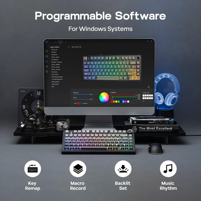 Alt view image 13 of 14 - x Aula F75 Gasket Mechanical Keyboard, 75% Wireless Hot Swappable Gaming Keyboard with Five-Layer Padding&Knob, BT/2.4GHz/USB-C, RGB (Black Gradient, LEOBOG Reaper Switch)