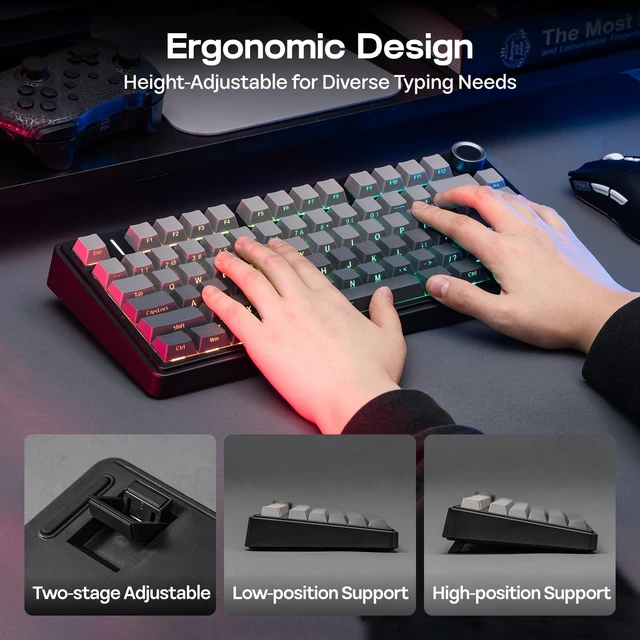 Alt view image 14 of 14 - x Aula F75 Gasket Mechanical Keyboard, 75% Wireless Hot Swappable Gaming Keyboard with Five-Layer Padding&Knob, BT/2.4GHz/USB-C, RGB (Black Gradient, LEOBOG Reaper Switch)