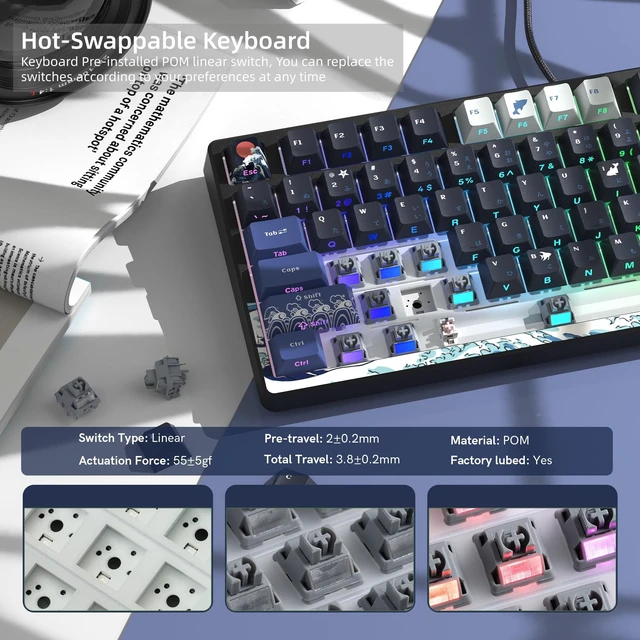 Alt view image 9 of 12 - SK80 75% Keyboard with Color Multimedia Display Gaming Keyboard | Creamy Sound Mechanical Wired Hot Swappable Gasket RGB Custom Key board, Pre-lubed Stabilizer for Mac/Win, Black Kanagawa