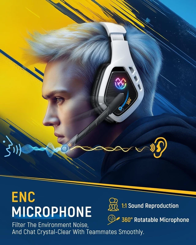 Alt view image 11 of 14 - Wireless Gaming Headset with Mic, 7.1 Sound 50mm Driver, White Black | FPS & RPG Audio, 2.4G/BT 5.3/USB-C, 30H battery, Low latency for PS5/PS4/PC/Switch/Laptop/Mobile