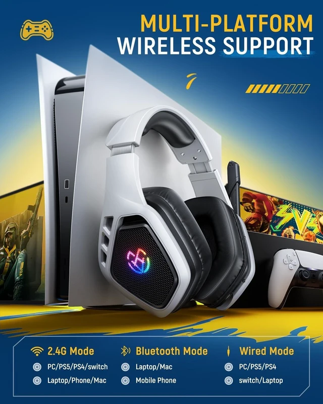 Alt view image 13 of 14 - Wireless Gaming Headset with Mic, 7.1 Sound 50mm Driver, White Black | FPS & RPG Audio, 2.4G/BT 5.3/USB-C, 30H battery, Low latency for PS5/PS4/PC/Switch/Laptop/Mobile