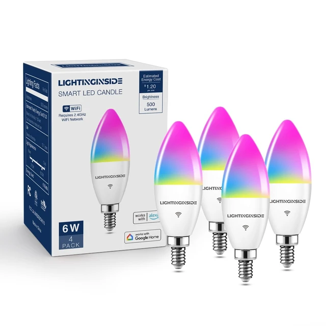 Alt view image 8 of 14 - Smart E12 LED Bulbs 60W Work with Alexa/Google Home, 4PCS | No Hub Required, 500LM 6W RGBCW Candle Chandelier Smart bulb Work with SmartLife, 2.4G WiFi & BLE Candelabra Bulb, ETL Listed