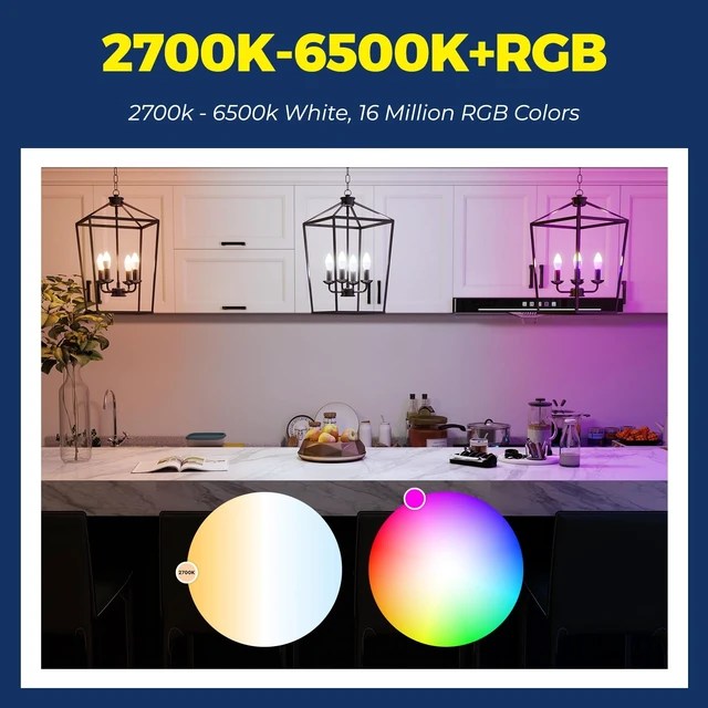 Alt view image 12 of 14 - Smart E12 LED Bulbs 60W Work with Alexa/Google Home, 4PCS | No Hub Required, 500LM 6W RGBCW Candle Chandelier Smart bulb Work with SmartLife, 2.4G WiFi & BLE Candelabra Bulb, ETL Listed