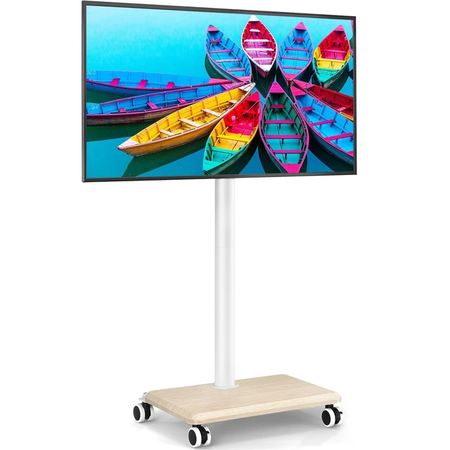 Alt view image 8 of 14 - Rolling TV Stand for 32 to 60 Inch TV up to 88lbs Wood Base White | Height Adjustable Mobile TV Cart with Lockable Wheels, Portable Floor TV Stand for Living Room, Bedroom, VESA 400x400mm