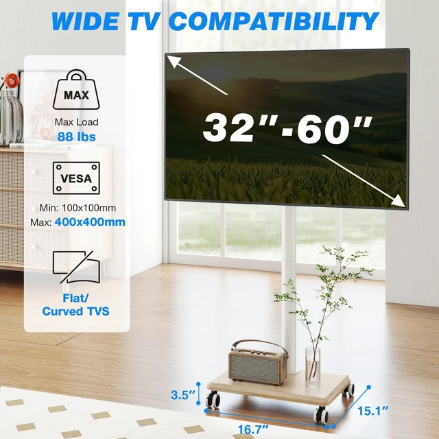 Alt view image 10 of 14 - Rolling TV Stand for 32 to 60 Inch TV up to 88lbs Wood Base White | Height Adjustable Mobile TV Cart with Lockable Wheels, Portable Floor TV Stand for Living Room, Bedroom, VESA 400x400mm