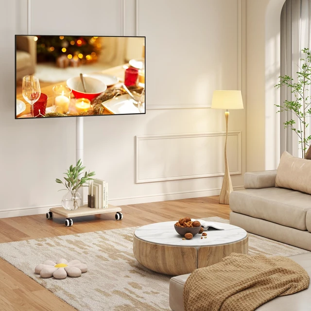 Alt view image 9 of 14 - Rolling TV Stand for 32 to 60 Inch TV up to 88lbs Wood Base White | Height Adjustable Mobile TV Cart with Lockable Wheels, Portable Floor TV Stand for Living Room, Bedroom, VESA 400x400mm