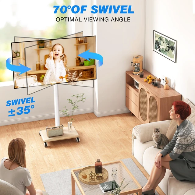Alt view image 12 of 14 - Rolling TV Stand for 32 to 60 Inch TV up to 88lbs Wood Base White | Height Adjustable Mobile TV Cart with Lockable Wheels, Portable Floor TV Stand for Living Room, Bedroom, VESA 400x400mm