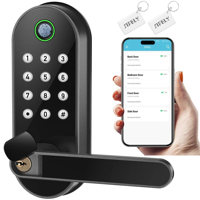 Alt view image 8 of 14 - Fingerprint Smart Door Lock with Handle & Keypad Bluetooth Keyless Entry for Front Door, Home, Kids, Guests, Airbnb & Rental, App + Code Access, Compatible with Alexa & Google, Easy DIY Install