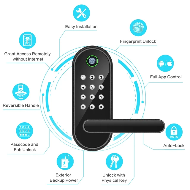 Alt view image 9 of 14 - Fingerprint Smart Door Lock with Handle & Keypad Bluetooth Keyless Entry for Front Door, Home, Kids, Guests, Airbnb & Rental, App + Code Access, Compatible with Alexa & Google, Easy DIY Install