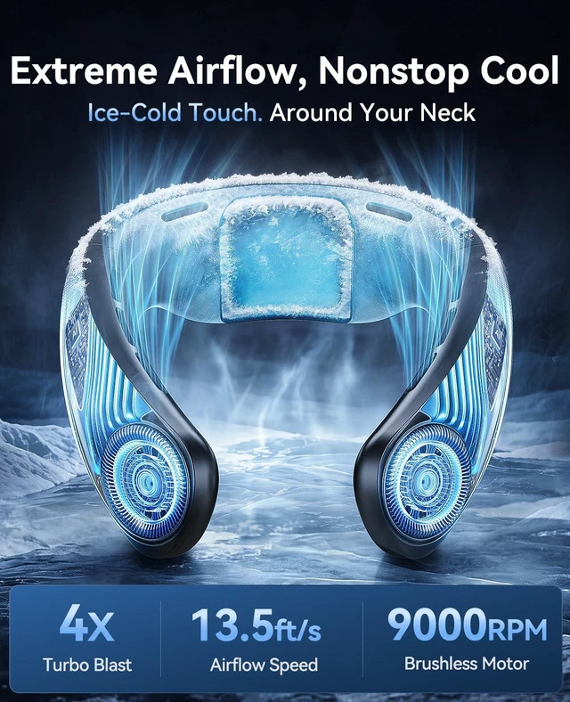Alt view image 9 of 14 - Neck Air Conditioner, Portable Neck Fan with Large Cooling Area, 22H Max Cooling, 100 Speeds, 6000mAh Battery, Digital Display, Wearable Fan for Outdoor Work, Office & Travel Black