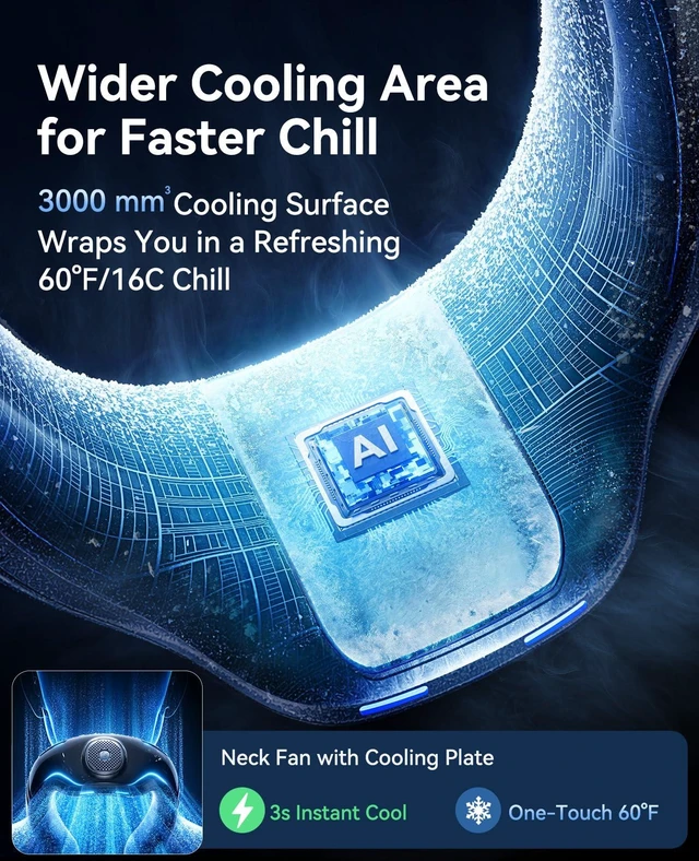 Alt view image 10 of 14 - Neck Air Conditioner, Portable Neck Fan with Large Cooling Area, 22H Max Cooling, 100 Speeds, 6000mAh Battery, Digital Display, Wearable Fan for Outdoor Work, Office & Travel Black