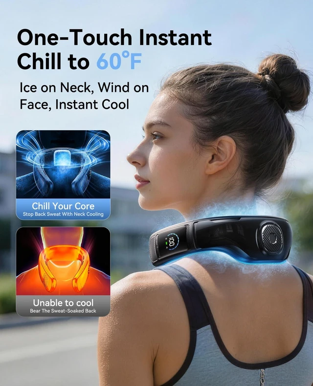 Alt view image 11 of 14 - Neck Air Conditioner, Portable Neck Fan with Large Cooling Area, 22H Max Cooling, 100 Speeds, 6000mAh Battery, Digital Display, Wearable Fan for Outdoor Work, Office & Travel Black