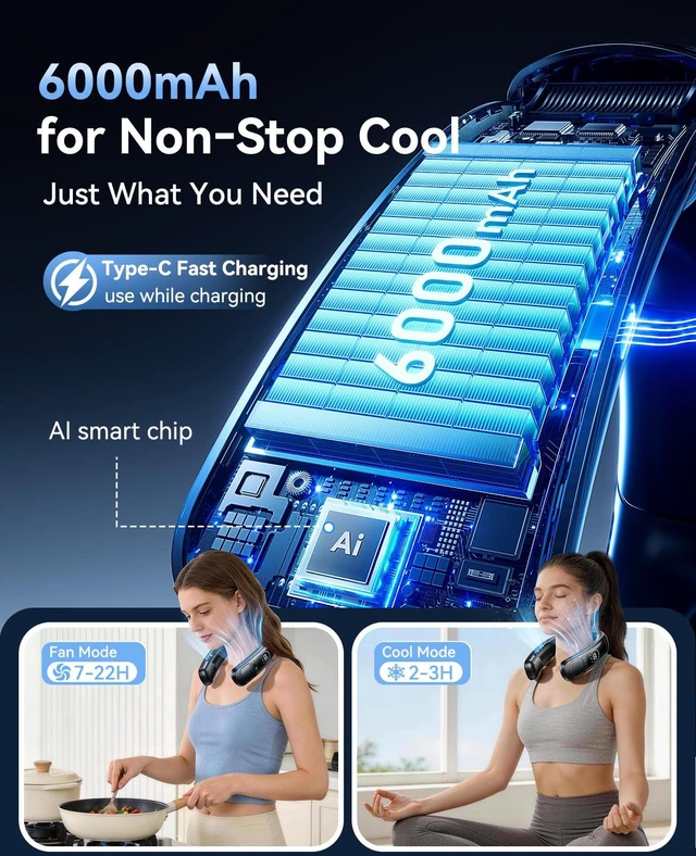 Alt view image 12 of 14 - Neck Air Conditioner, Portable Neck Fan with Large Cooling Area, 22H Max Cooling, 100 Speeds, 6000mAh Battery, Digital Display, Wearable Fan for Outdoor Work, Office & Travel Black