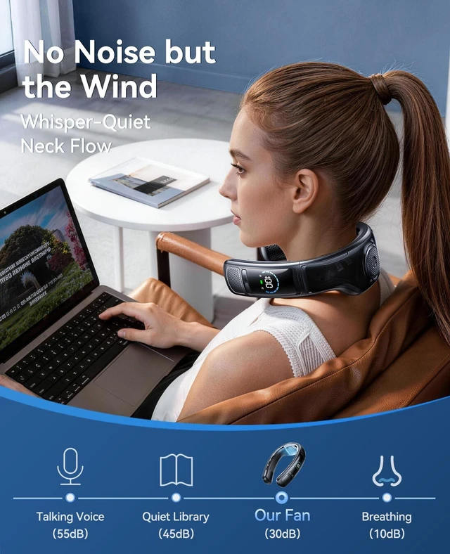 Alt view image 14 of 14 - Neck Air Conditioner, Portable Neck Fan with Large Cooling Area, 22H Max Cooling, 100 Speeds, 6000mAh Battery, Digital Display, Wearable Fan for Outdoor Work, Office & Travel Black