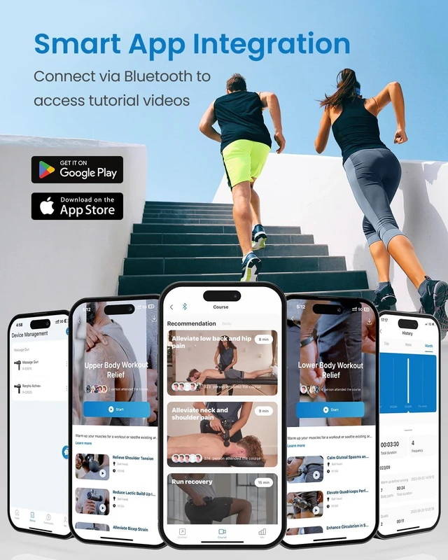 Alt view image 9 of 14 - Active+ Massage Gun, App-Controlled Guided Courses, Bluetooth | Handheld Percussion Massager, Deep Tissue Muscle Relaxation, 5 Speeds, 5 Heads, Carry Case, for Athletes, Gym and Travel